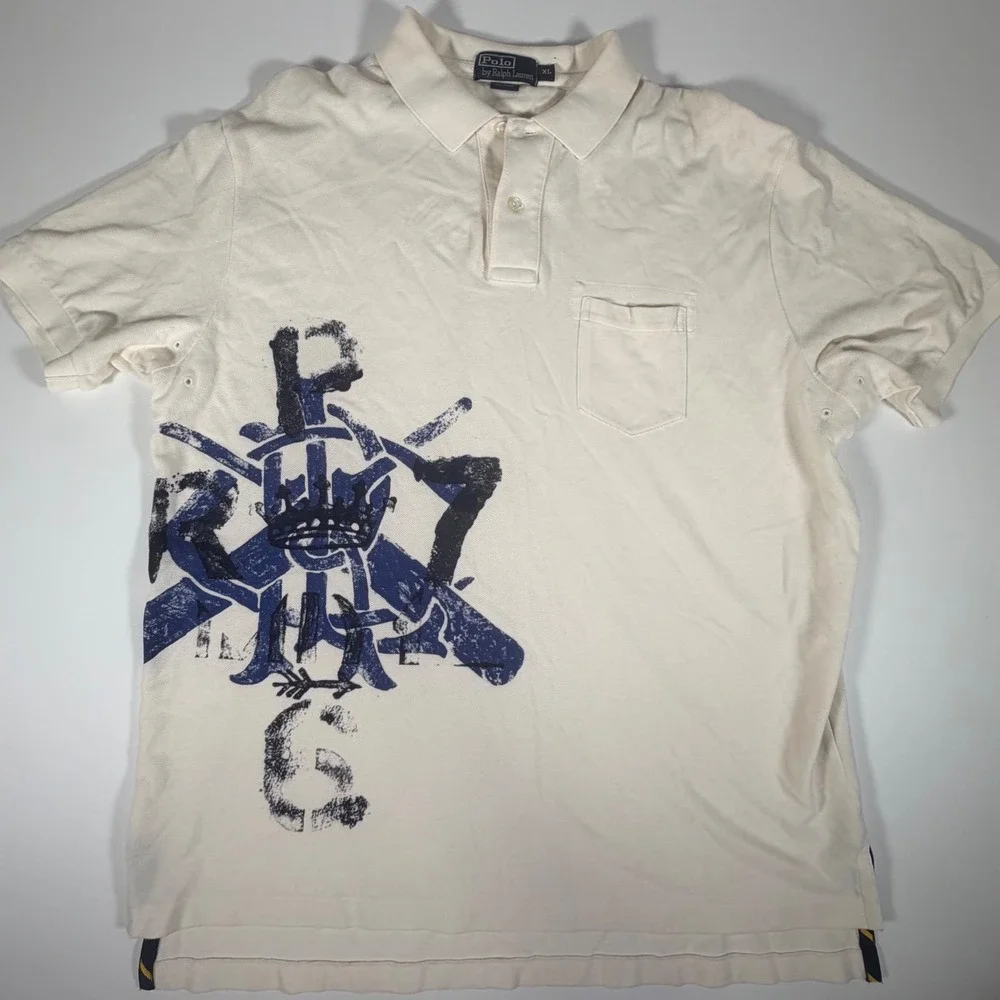 Vintage Polo Ralph Lauren 67 Graphic Polo Shirt XL Cream Varsity Streetwear Y2K